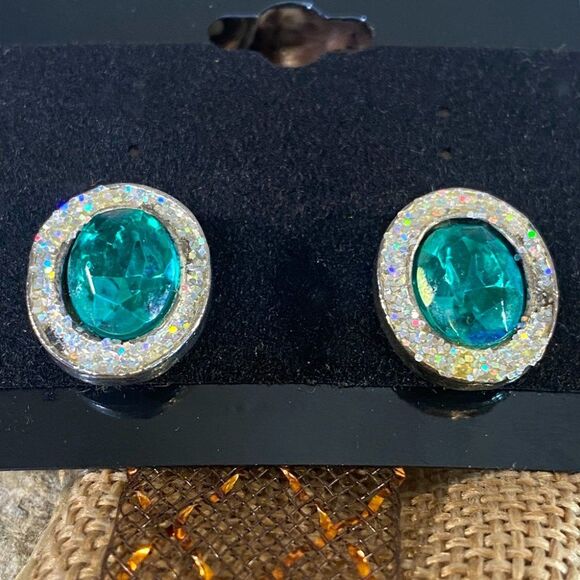 Emerald Colored Earrings with Rhinestone Frame Post Backs - Picture 2 of 4